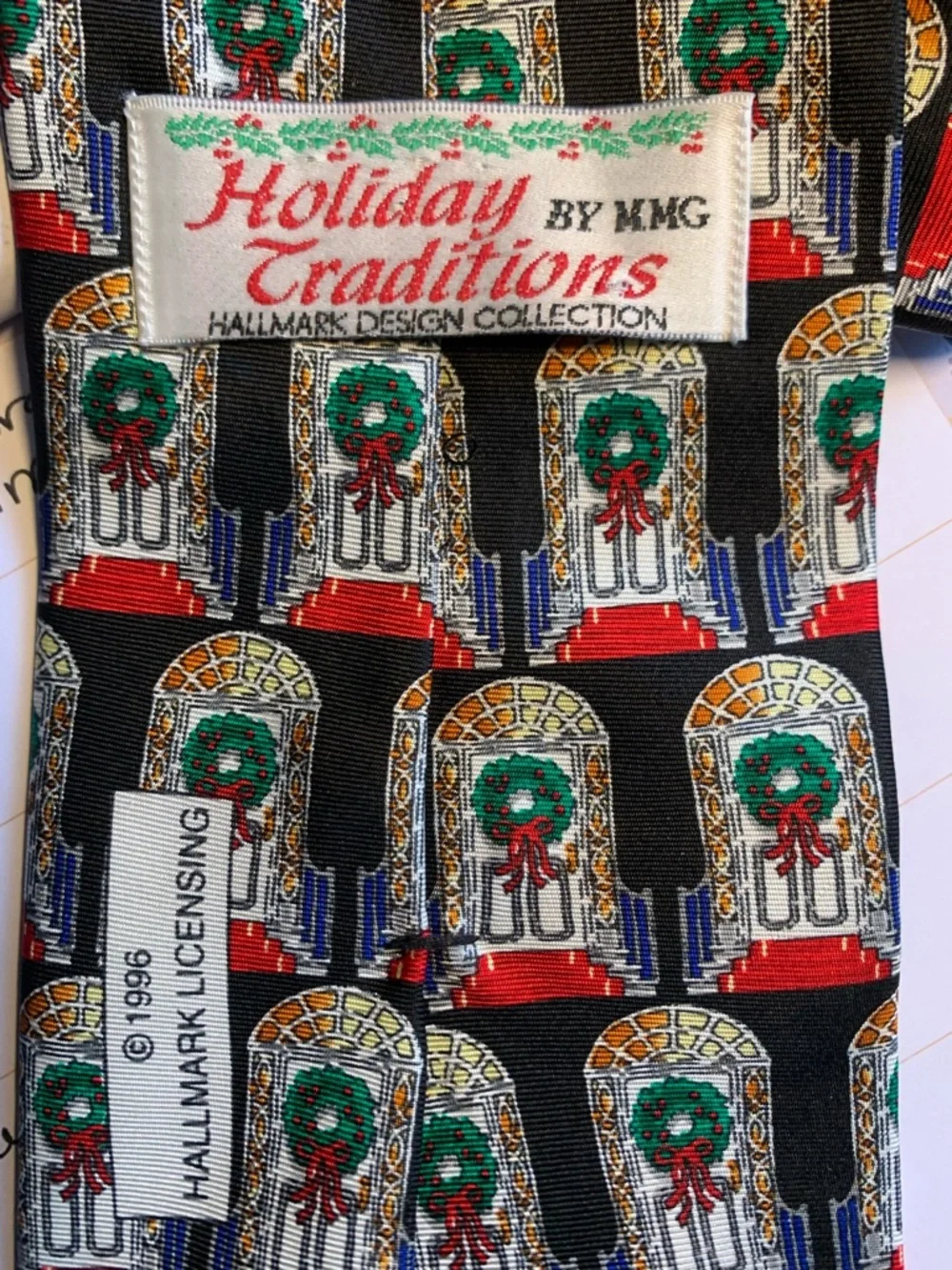 Holiday Traditions Hallmark Men’s Tie Black Christmas Wreath Silk 1996 3.5”